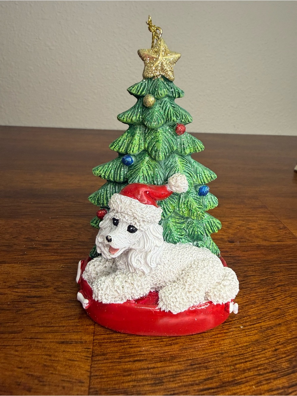 Kurt Adler Poodle Dog Ornament with Red Santa Hat & Christmas tree. NWT.